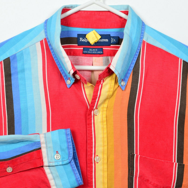 Polo Ralph Lauren Men's Large Blake Silk Linen Blend Colorful Red Striped Shirt
