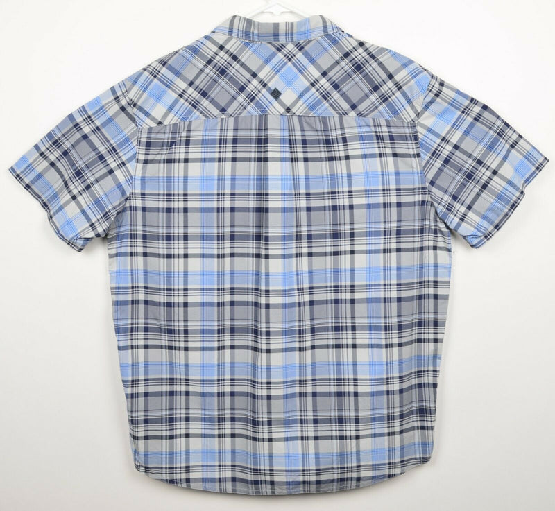 Prana Men's Large 100% Nylon Blue White Plaid Hiking Outdoor Short Sleeve Shirt