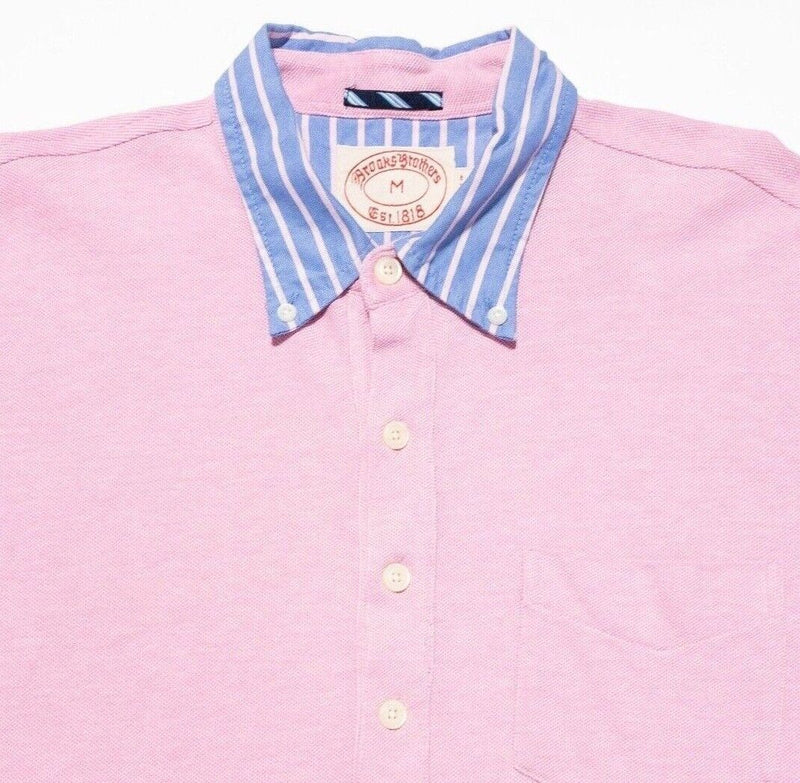 Brooks Brothers Polo Medium Men's Shirt Pink Contrast Collar Preppy Button-Down