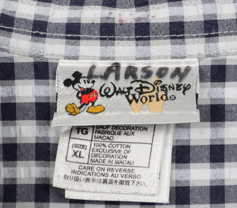 Walt Disney World Men Sz XL Seersucker Mickey Mouse Navy Blue Plaid Check Shirt