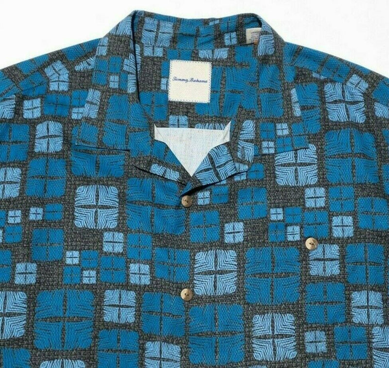Tommy Bahama XXL Silk Camp Shirt Hawaiian Aloha Blue Geometric Short Sleeve