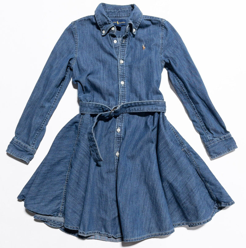 Polo Ralph Lauren Girl's Denim Dress 6X Belted Indigo Blue Shirt Dress Button