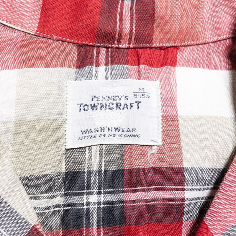 Vintage 60s Penney's Towncraft Shirt Mens Medium Red Plaid Camp Collar Wash Wear