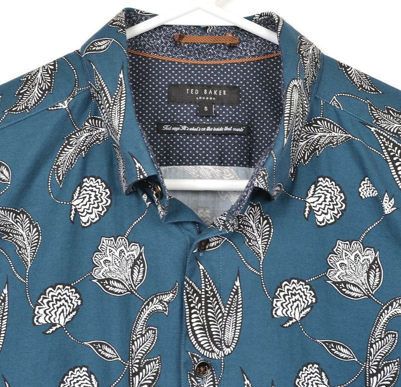 Ted Baker London Men's Sz 5 Floral Pattern Turquoise S/S Button-Down Shirt