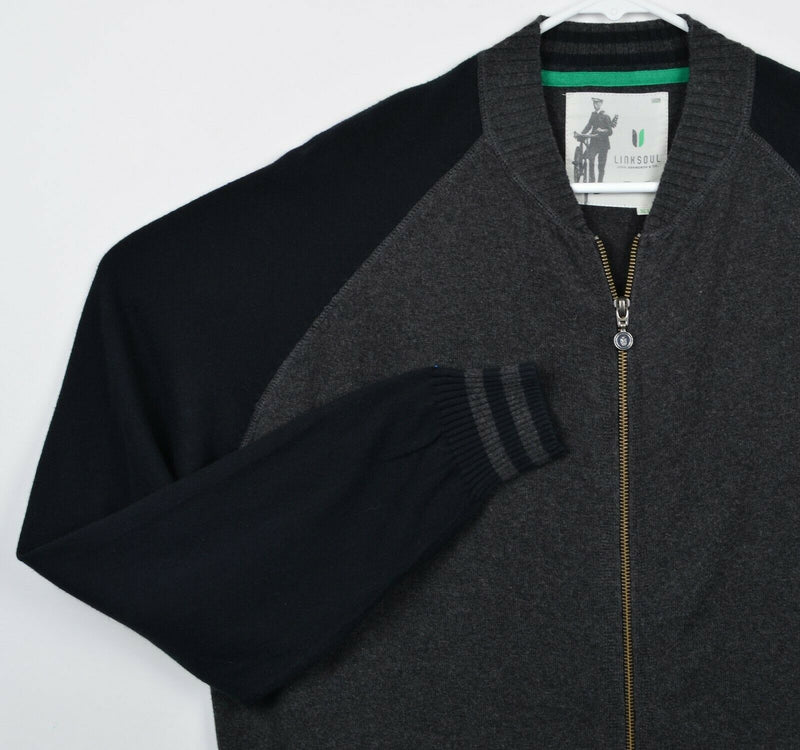 Linksoul Men's XL Gray Black Cotton Cashmere Blend Full Zip Golf Sweater Jacket