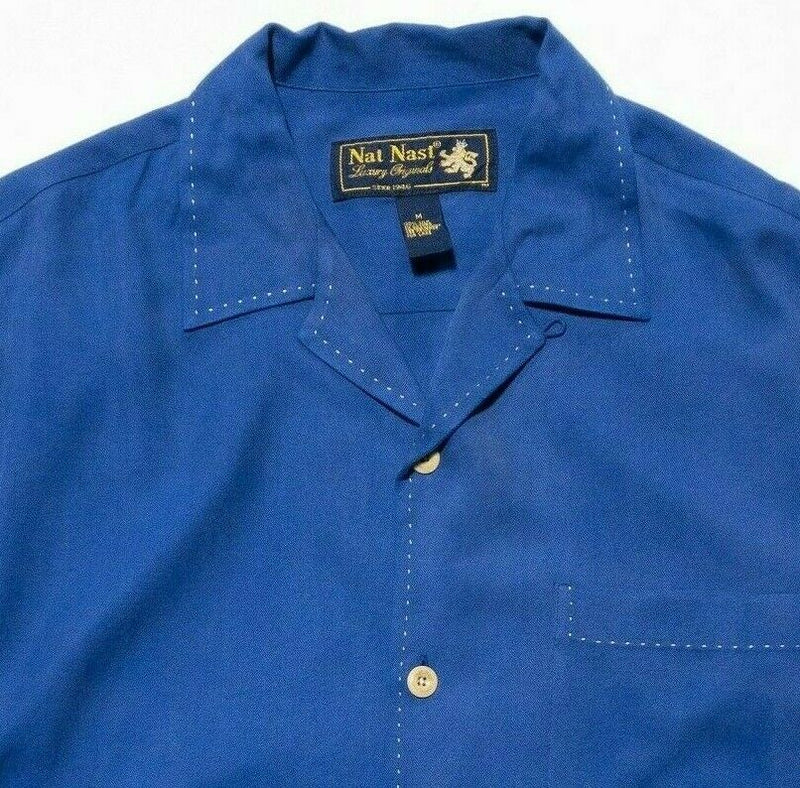 Nat Nast Silk Shirt Medium Men's Hawaiian Bowling Retro Blue Loop Collar Camp