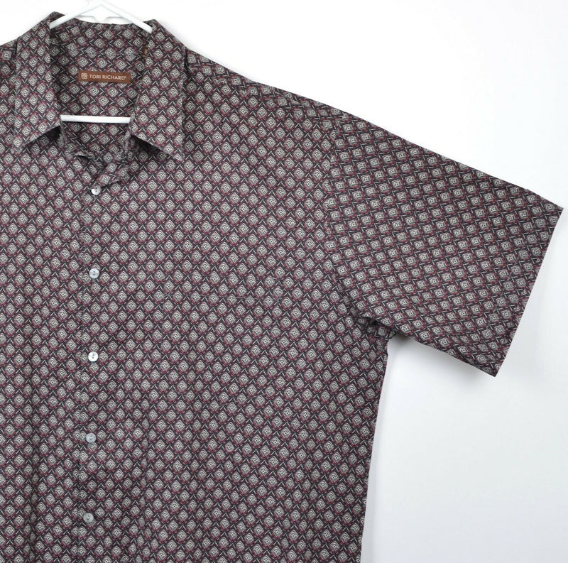 Tori Richard Men's Sz XL Geometric Diamond Burgundy Cotton Lawn Hawaiian Shirt