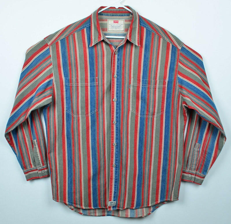 Vtg 90s Levi's Mens Sz Large Metal Rivet Buttons Red Blue Striped Railroad Shirt