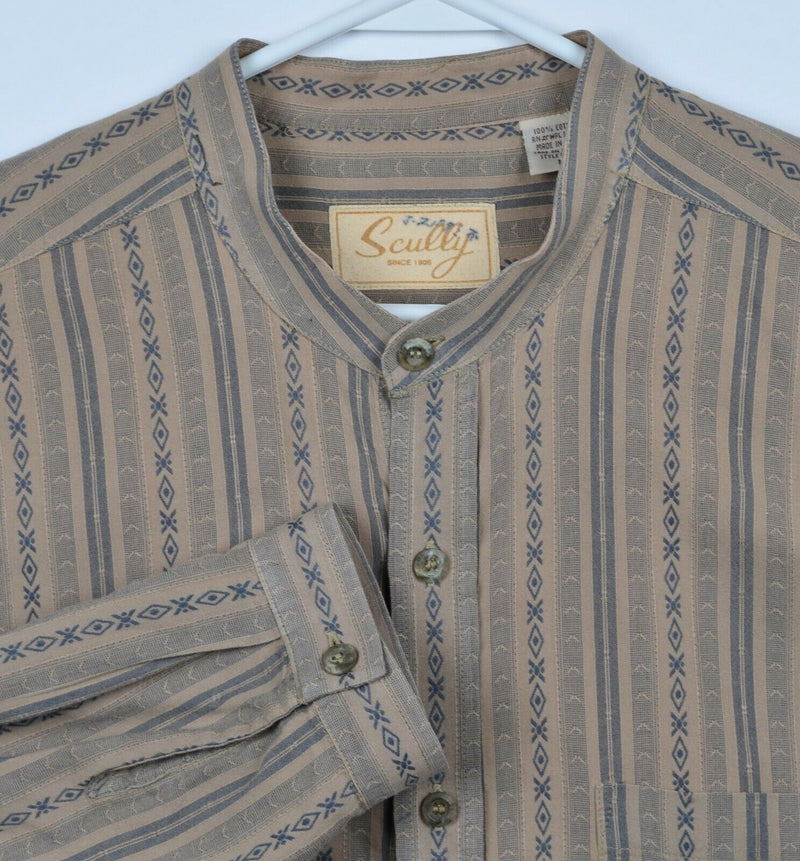 Scully Men's Large Band Collar Tan Striped Geometric Western Button-Front Shirt