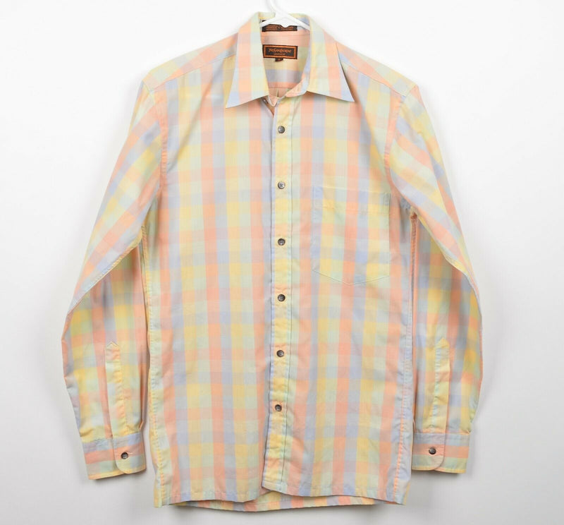 Vtg 80s Yves Saint Laurent Men Small Multi-Color Plaid Check Button-Front Shirt
