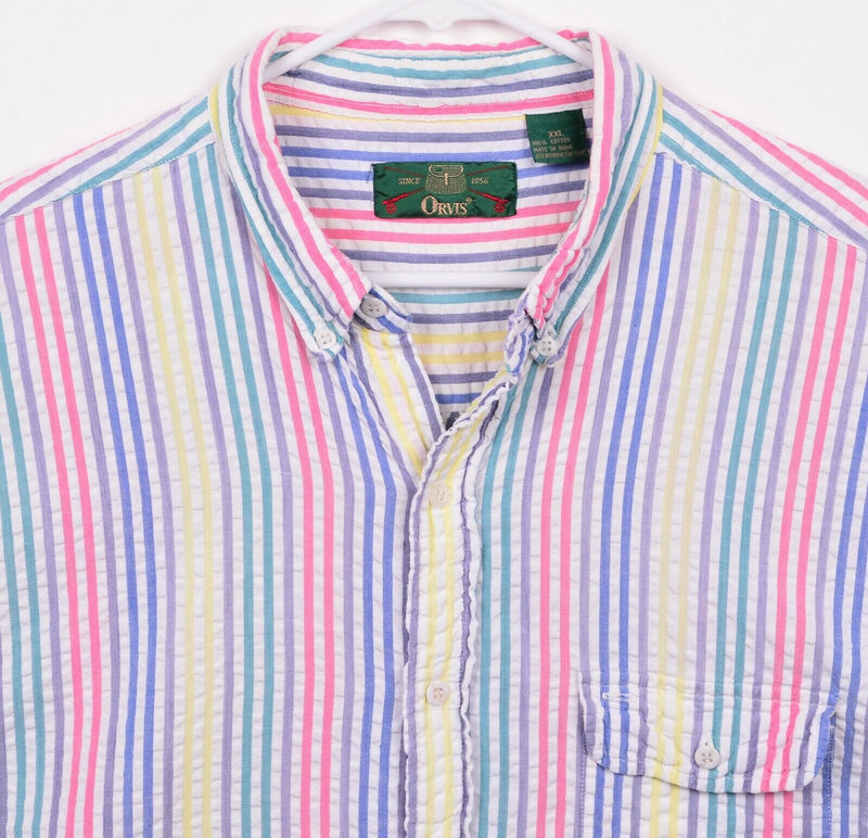 Orvis Men's Sz 2XL Seersucker Mulitcolor Striped Short Sleeve Shirt