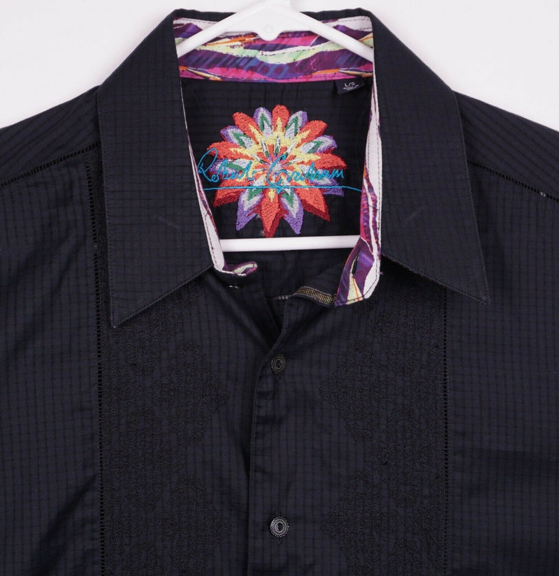 Robert Graham Men's Sz Large Flip Cuff Black Floral Vented Dress Casual Shirt