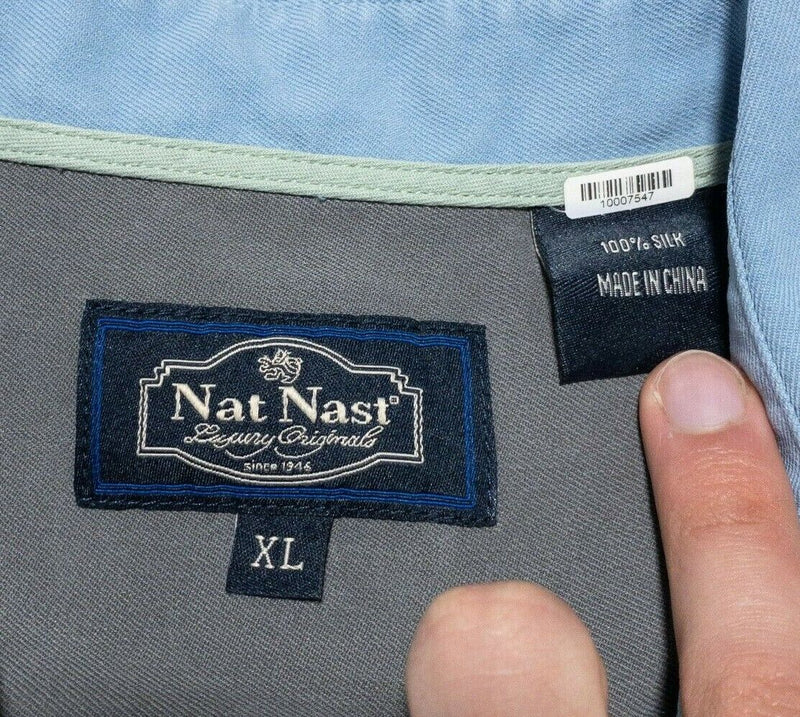 Nat Nast Silk Shirt XL Men's Luxury Originals Solid Light Blue Hawaiian Bowling