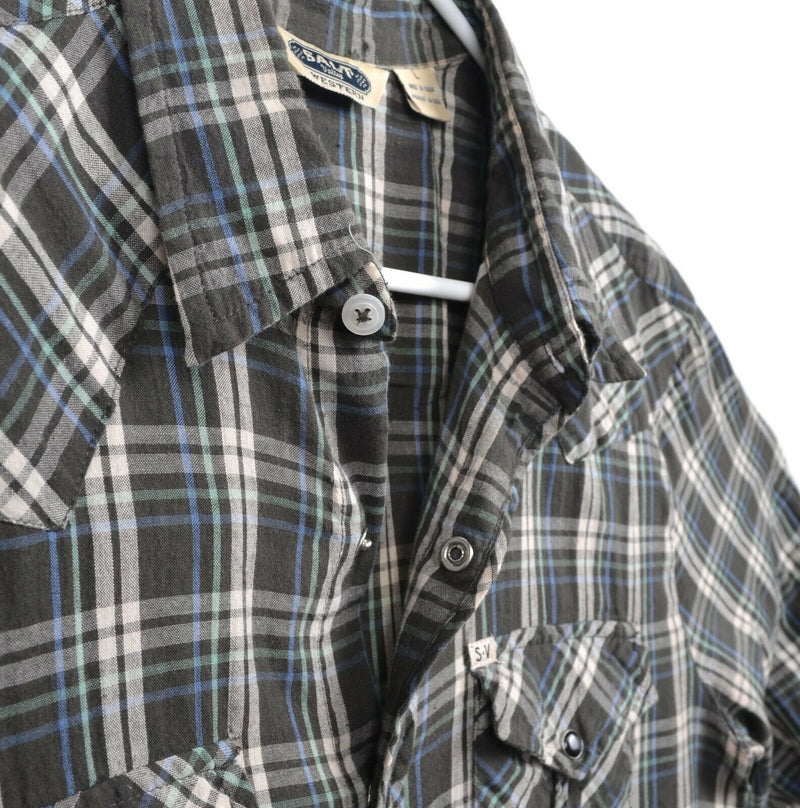 Salt Valley Western Men's Large Pearl Snap Gray Plaid Western Rockabilly Shirt