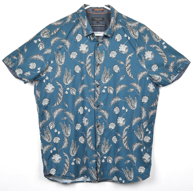 Ted Baker London Men's Sz 5 Floral Pattern Turquoise S/S Button-Down Shirt