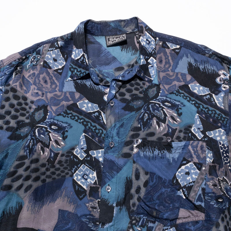 Vintage Shah Safari Silk Shirt Men's Large 90s Abstract Blue Button Up Artsy