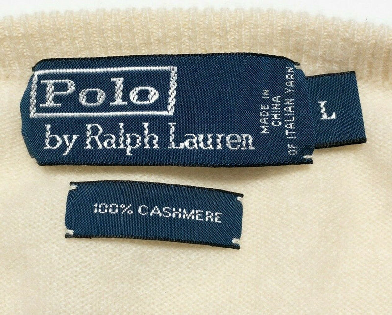 Polo Ralph Lauren Men's Large 100% Cashmere Solid Ivory Knit V-Neck Sweater