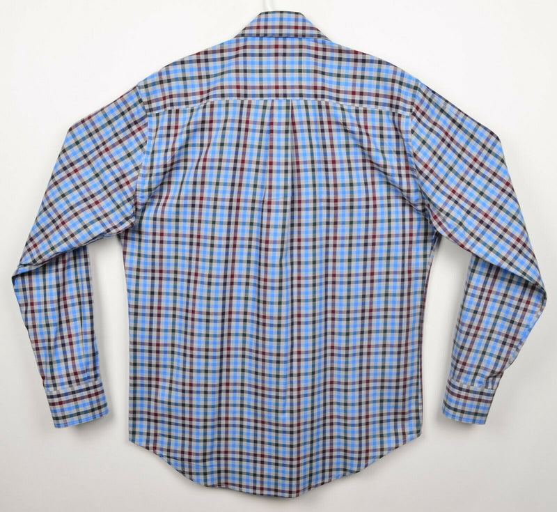 Peter Millar Men's Sz Medium Blue Burgundy Gray Plaid Check Button-Front Shirt