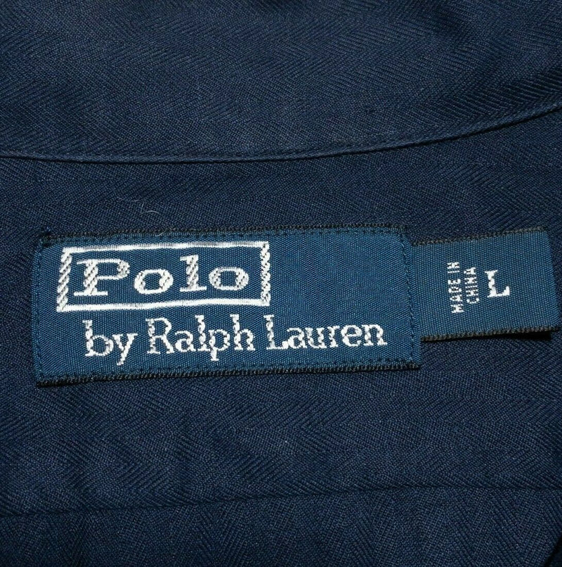 Polo Ralph Lauren Silk Linen Blend Navy Blue Long Sleeve Camp Shirt Men's Large