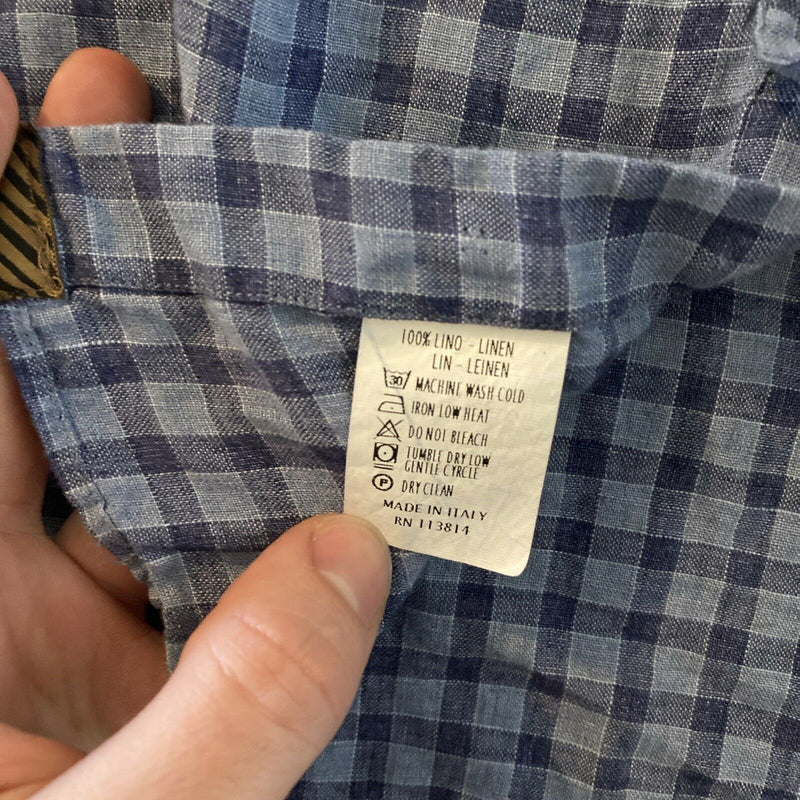 Billy Reid Men's Medium Standard Cut 100% Linen Blue Plaid Button-Front Shirt