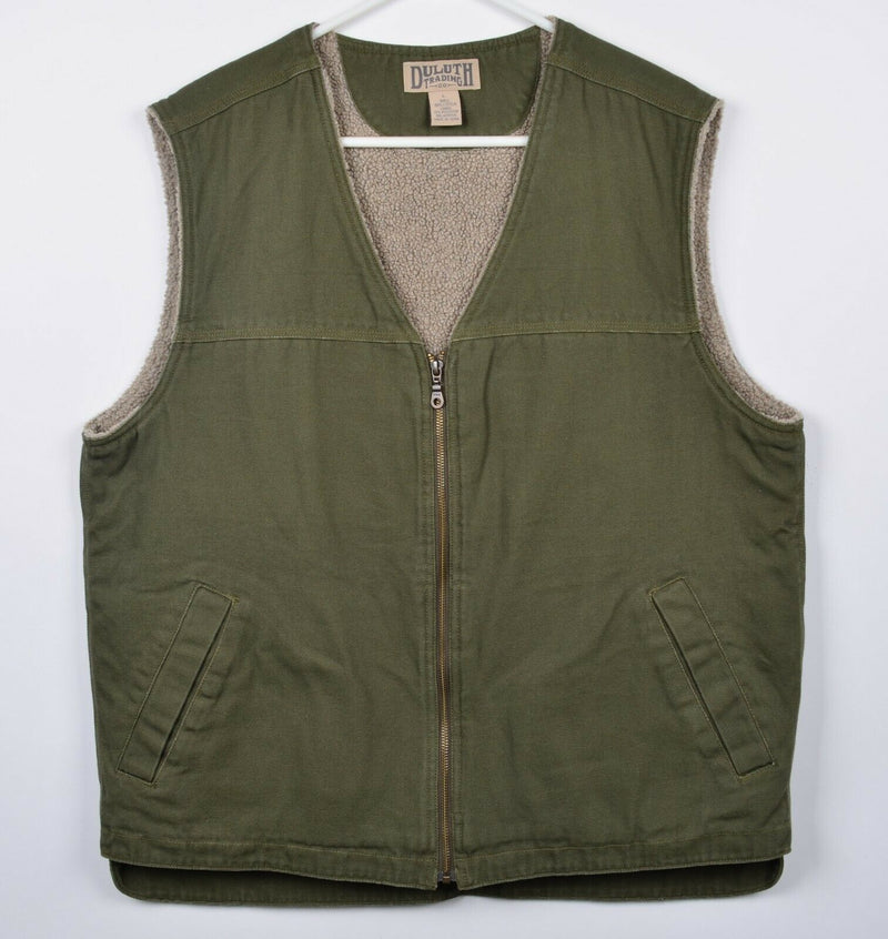 Duluth Trading Co Men's Large Sherpa Lined Green Canvas Full Zip Work Vest