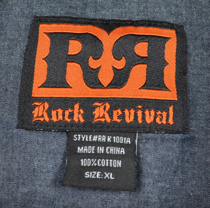 Rock Revival Men's Sz XL Gray/Blue Embroidered Long Sleeve Button-Front Shirt