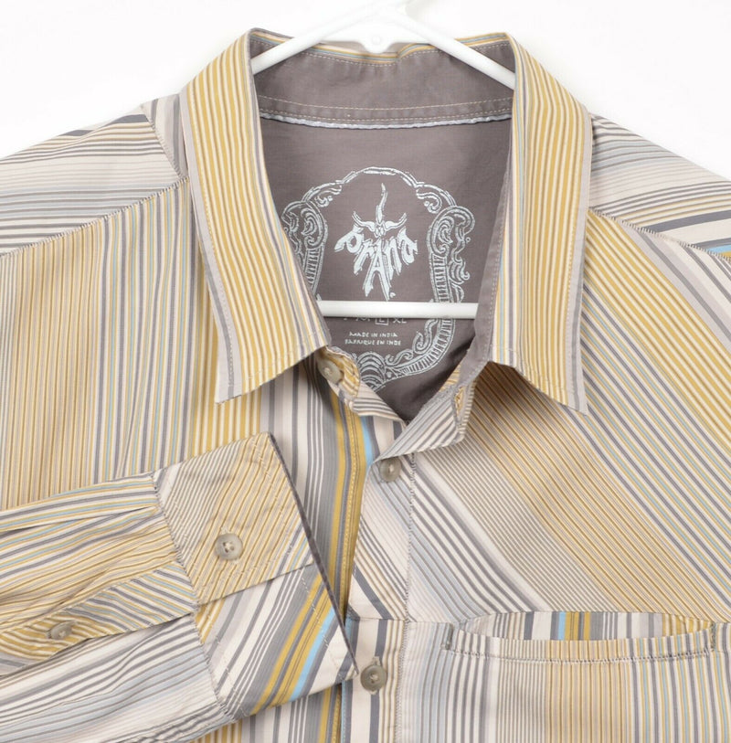 Prana Men's Sz Large Yellow Striped Organic Cotton Polyester Blend Hiking Shirt