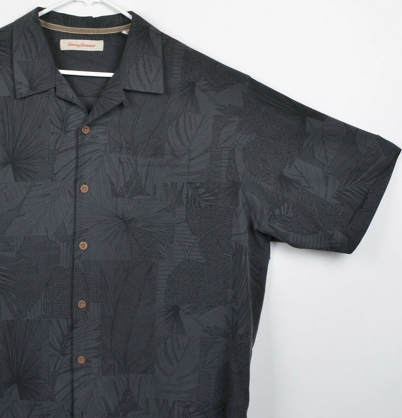 Tommy Bahama Men's Sz XL 100% Silk Black Gray Floral Textured Hawaiian Shirt