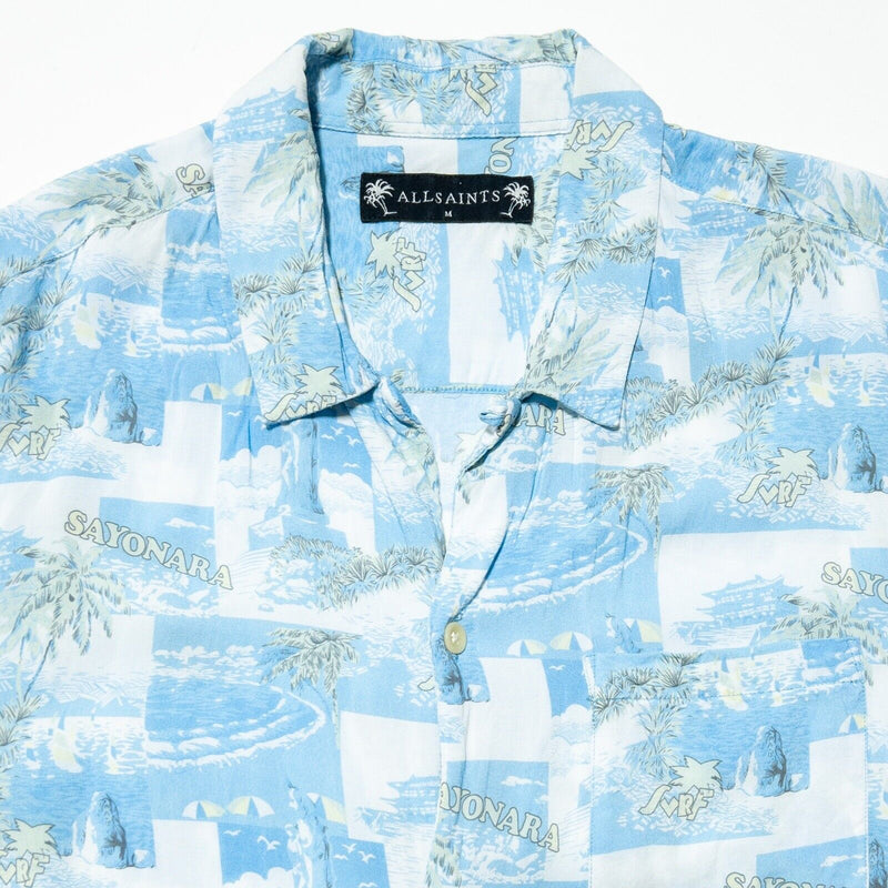 AllSaints Sayonara Shirt Men's Medium Blue Camp Collar Viscose Surf Palm Floral