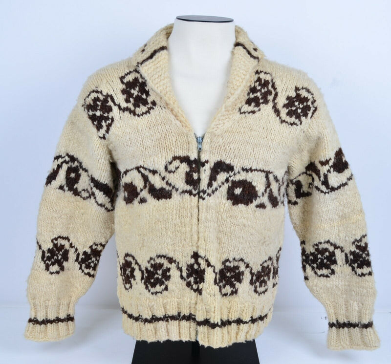 Vintage 70s Cowichan Adult Small? Chunky Cream Swirl Flash Zipper Sweater