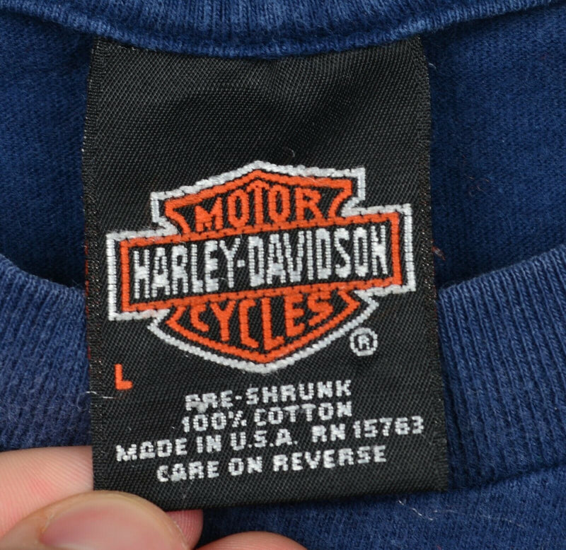 Vintage 90s Harley-Davidson Men's Large Raw Power Blue Lightning Engine T-Shirt