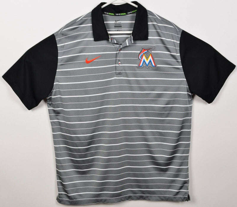 Florida Marlins Men's Large Nike Dri-Fit MLB Wicking Gray Striped Polo Shirt