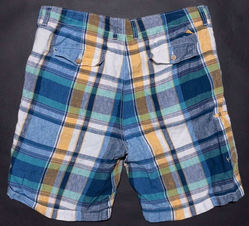 Tommy Bahama Linen Shorts Men's 38 Plaid Blue White Beach Vacation Breathable