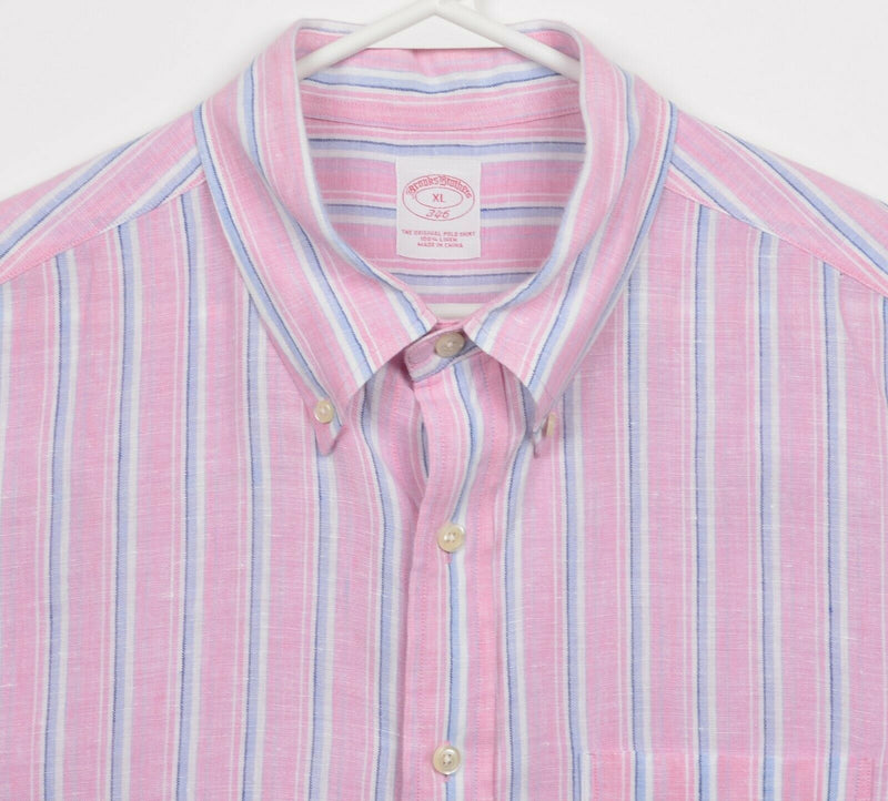 Brooks Brothers Men's XL 100% Linen Pink Blue Striped S/S Button-Down Shirt