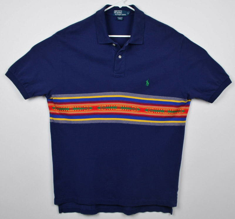 Polo Ralph Lauren Men's Sz Large Aztec Stripe Navy Blue Pony Polo Shirt