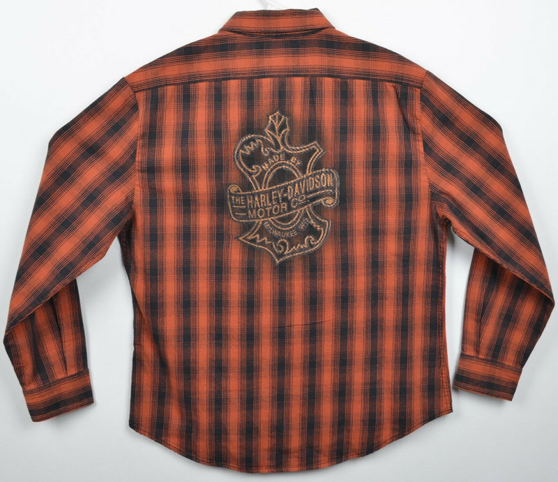 Harley-Davidson Women's Large Oak Leaf Orange Plaid Flannel Relaxed Fit Shirt