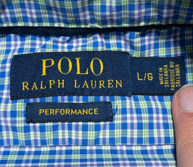 Polo Ralph Lauren Performance Shirt Large Men's Long Sleeve Blue Check Wicking