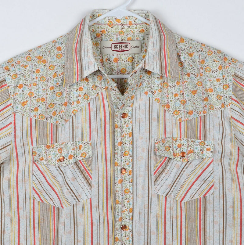 BC Ethic Men's Sz Large Pearl Snap Floral Striped Rockabilly Lounge Camp Shirt