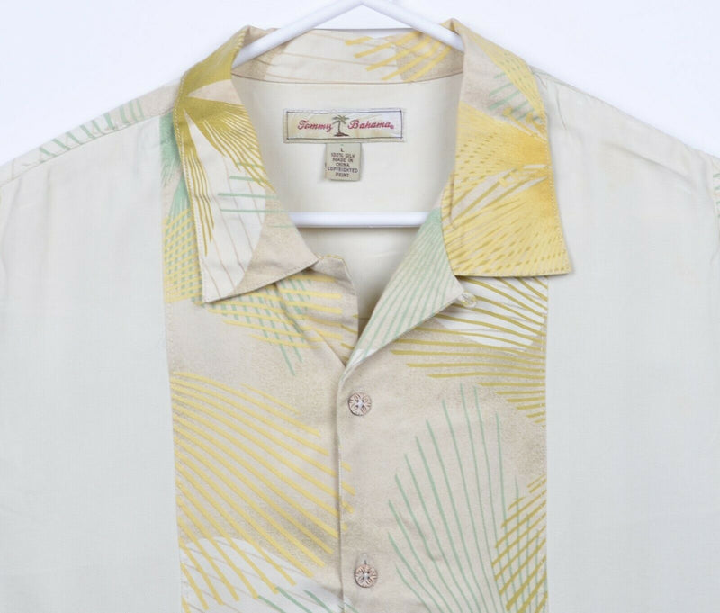 Tommy Bahama Men's Large 100% Silk Floral Panel Striped Hawaiian Camp Shirt
