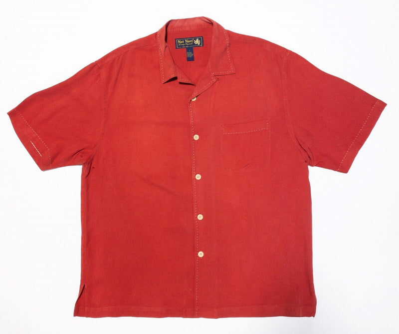 Nat Nast Silk Shirt Large Men's Solid Red Stitch Accent Hawaiian Camp Retro
