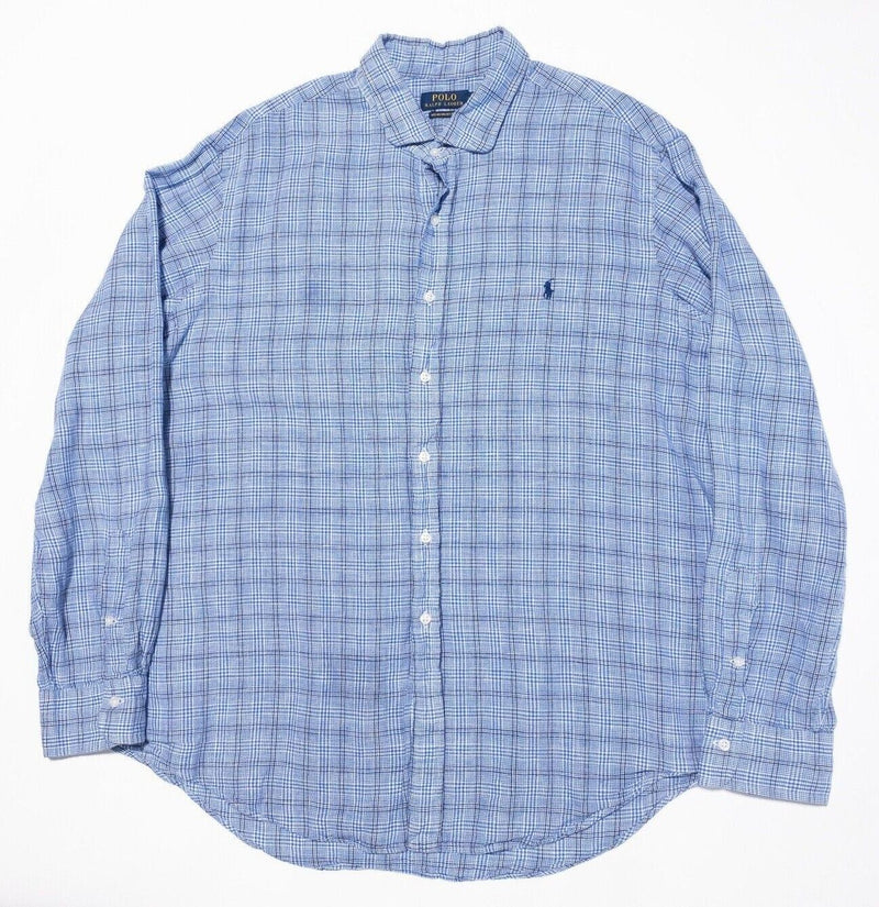 Polo Ralph Lauren Linen Shirt XXL Men's Long Sleeve Blue Plaid Ocean Wash 2XL