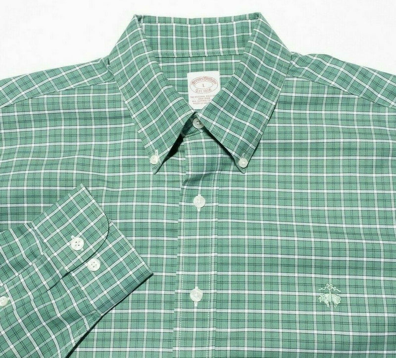 Brooks Brothers Non-Iron Button-Down Shirt Green Plaid Sheep Logo Men's Large