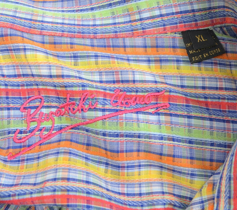 Bugatchi Uomo Men's Sz XL Multi-Color Plaid Red Yellow Green Button-Front Shirt