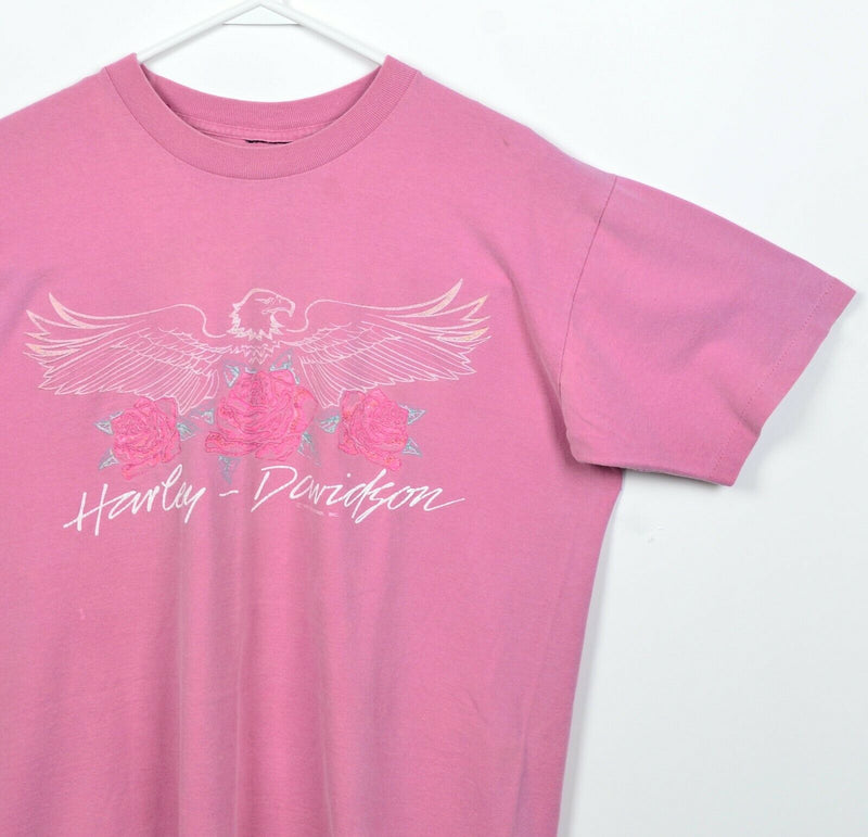 Vintage 90s Harley-Davidson Men's L/XL Pink Eagle Roses Graphic T-Shirt