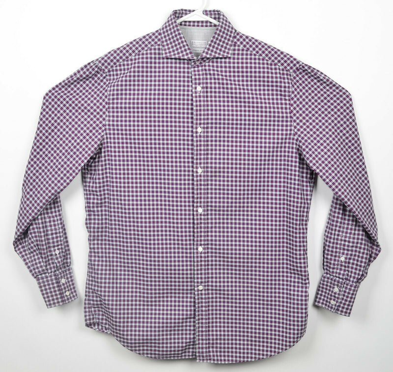 Brunello Cucinelli Men's XL Basic Fit Purple Plaid Italy Button-Front Shirt