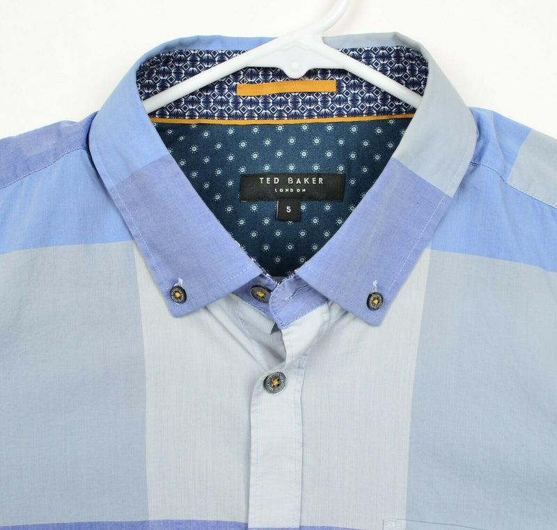 Ted Baker London Men's 5 (XL) Blue Gray Color Block Short Sleeve Button Shirt
