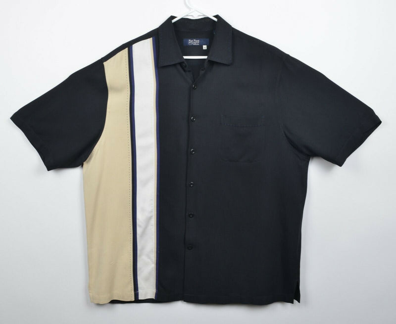 Nat Nast Men's Sz XL 100% Silk Black Tan Panel Striped Bowling Hawaiian Shirt