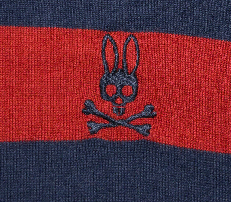 Psycho Bunny Men's 2XL Red Blue Striped Skeleton Logo Crew Neck Pullover Sweater