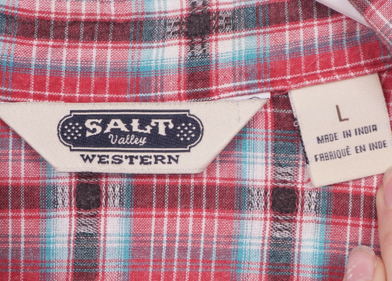 Salt Valley Western Men's Large Pearl Snap Pink/Red Plaid Western Shirt