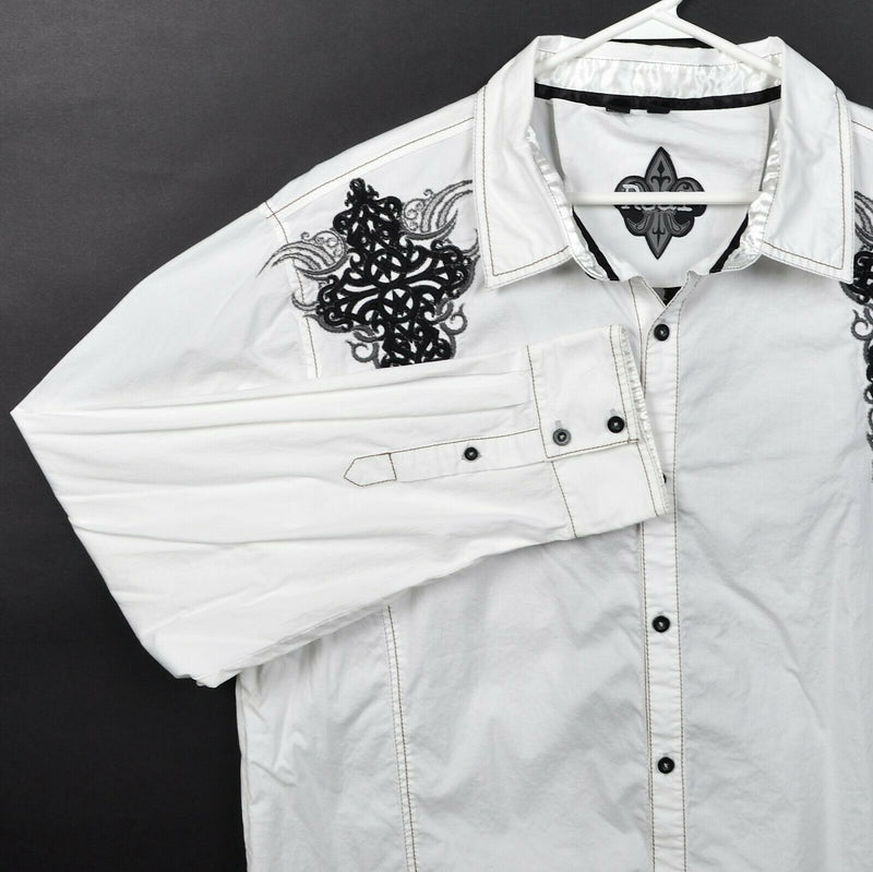 Roar Men's 3XL Tribal Cross White Black Embroidered Rock Button-Front Shirt